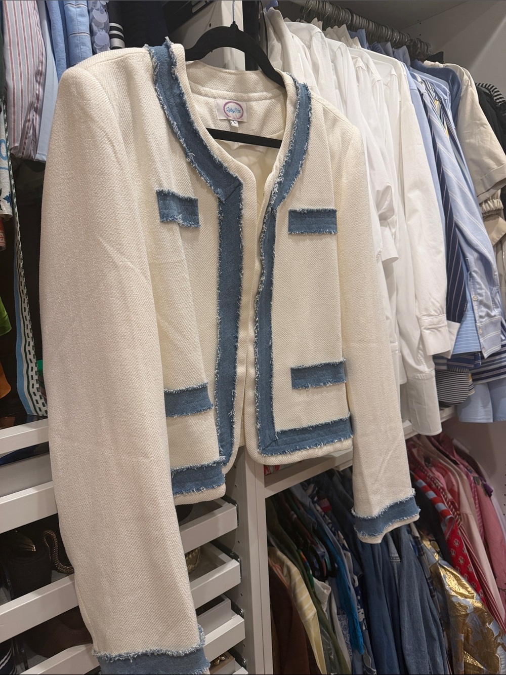 Classic Cream Tweed Jacket with Blue Trim-Never Worn!